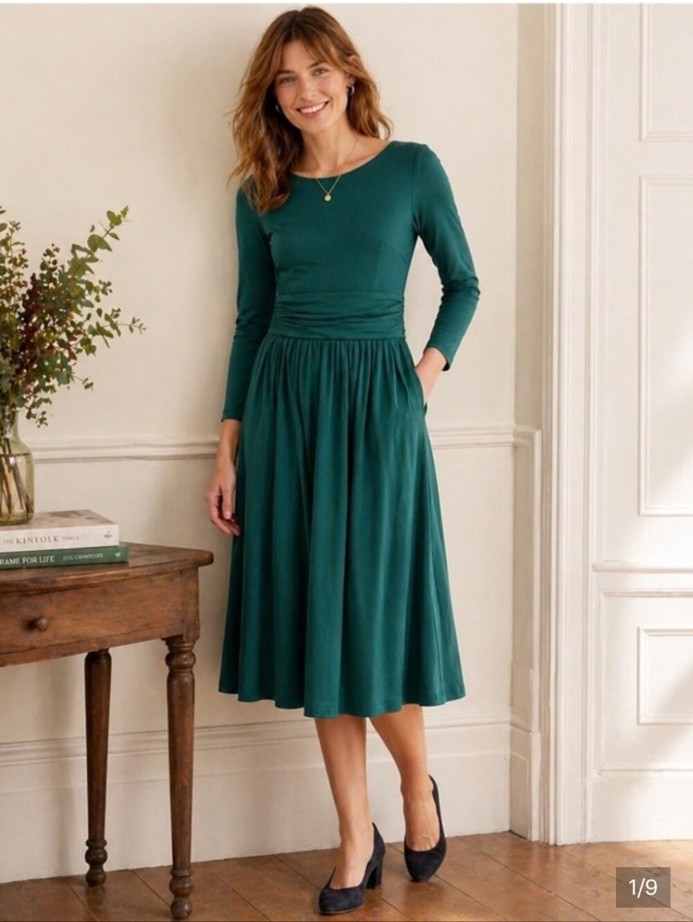 Boden Midi Green Dress, Long Sleeves, Ruched Waist - US Sz 6P